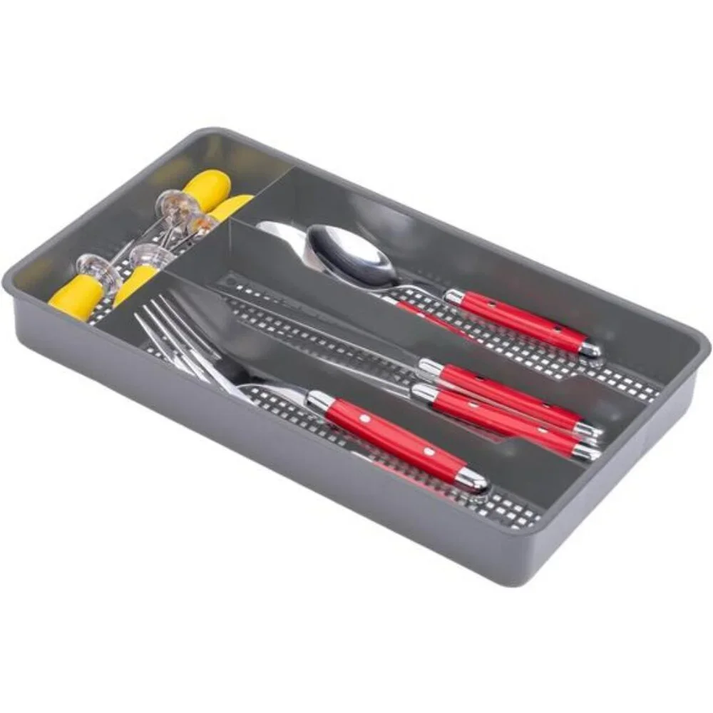 Small Silverware Tray Kitchen Utensil Drawer Organizer Grey Plastic Cutlery Hold